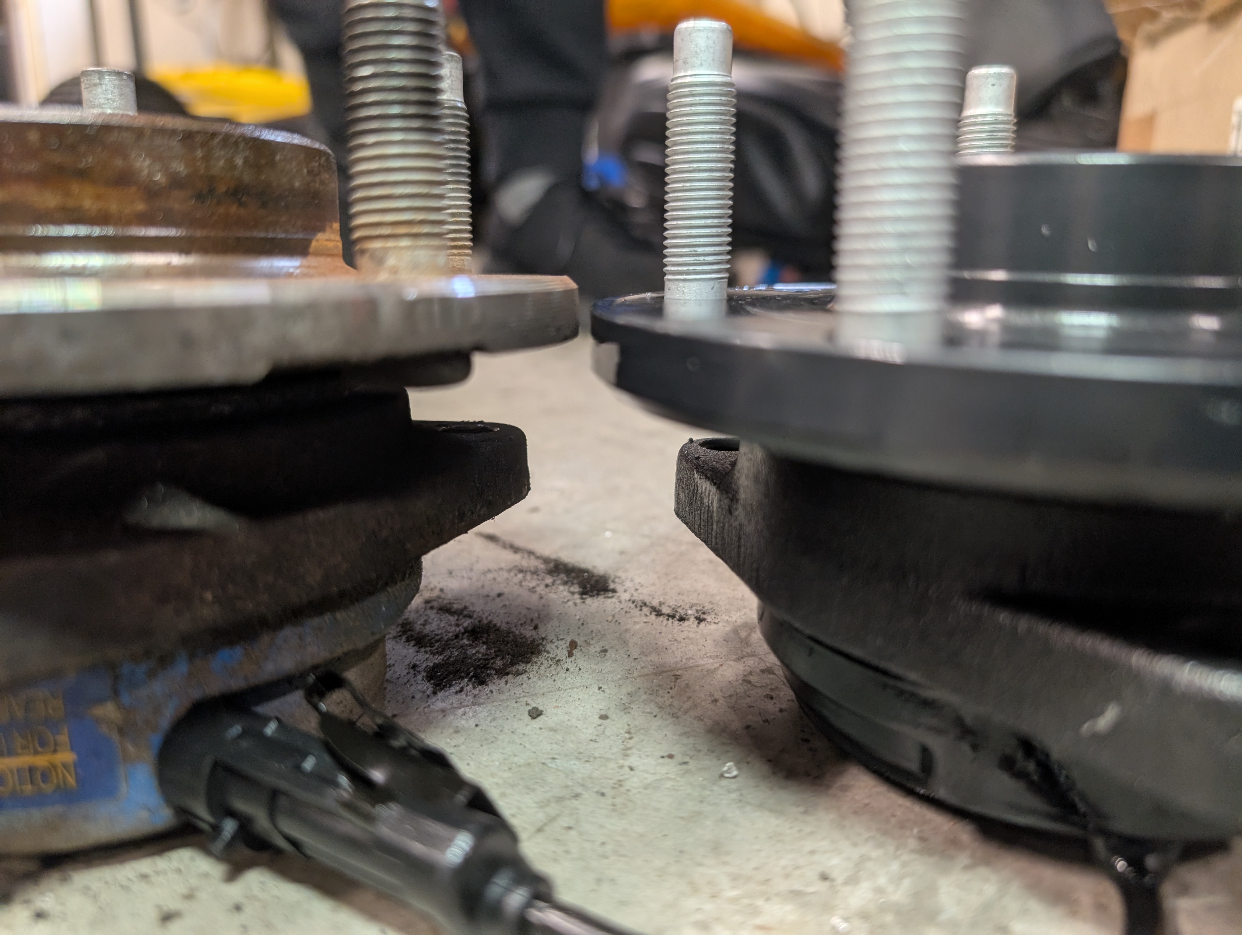 A side by side of the MPI V3 wheel bearing next to the OEM unit. The MPI unit apears to be 2x as thick.