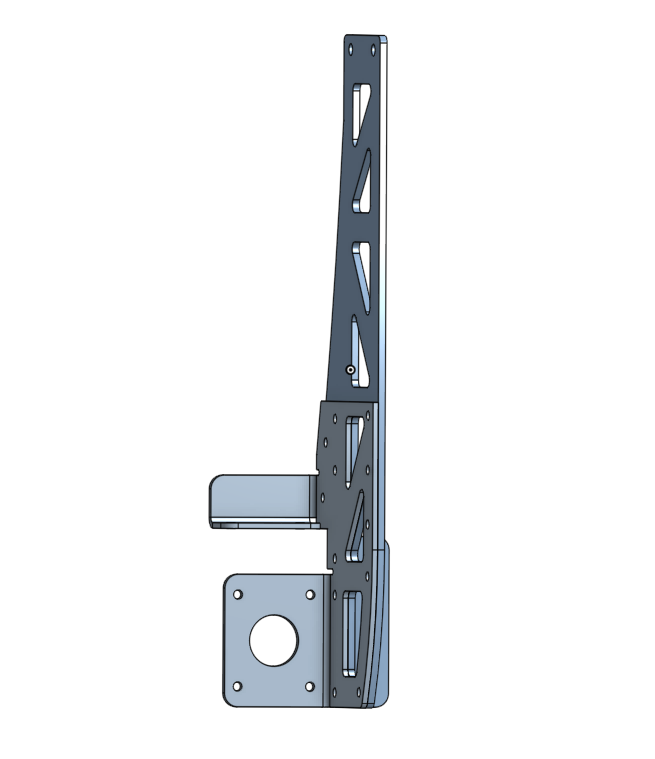 A 3d rendering of a C5 Corvette chassis mount. This mount is a "no weld" design utilize a bend in the primary upright and a bracket to help affix the upright to the chassis.