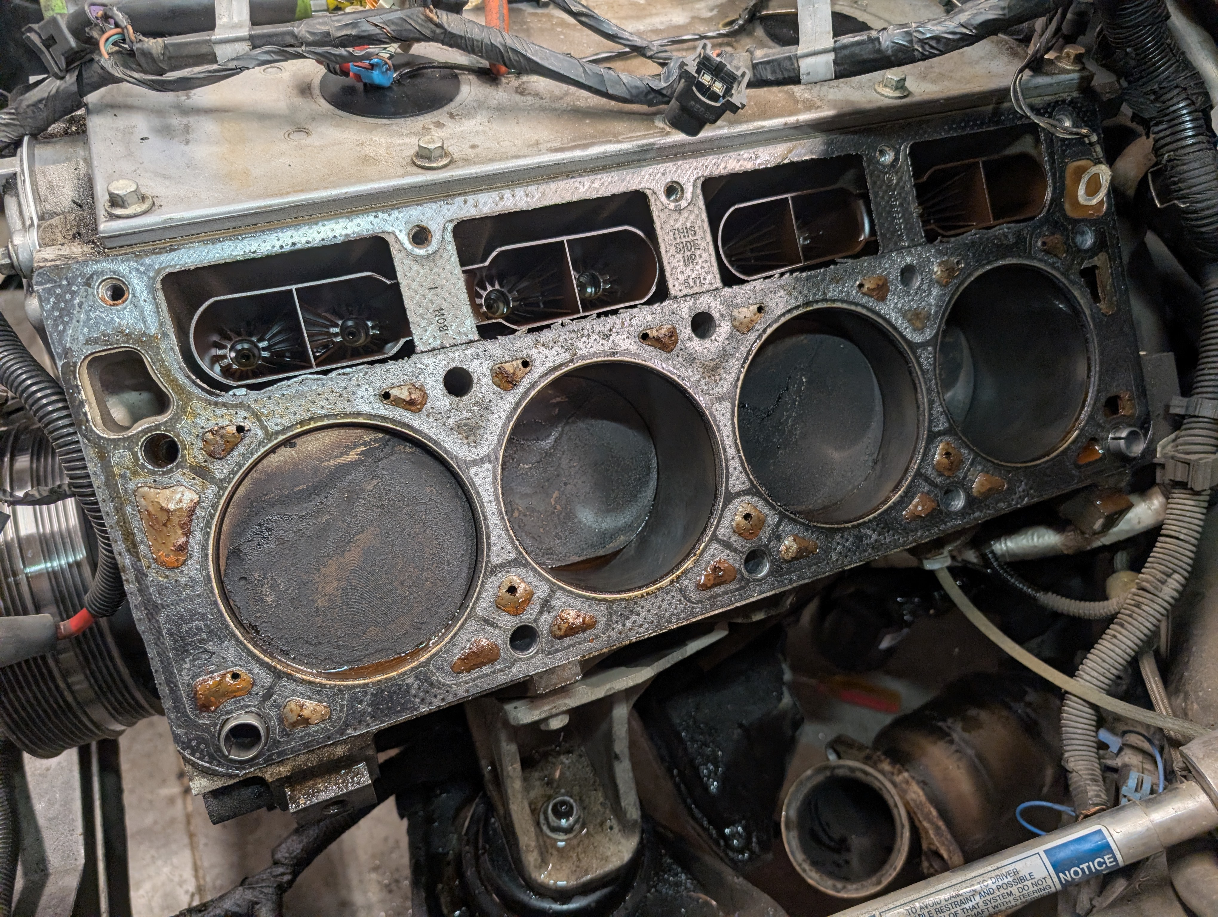 The Passenger side of the block of the dead to shred LS1. With the head removed you can see the tops of all the cylinders and the head gasket is without issue as well.