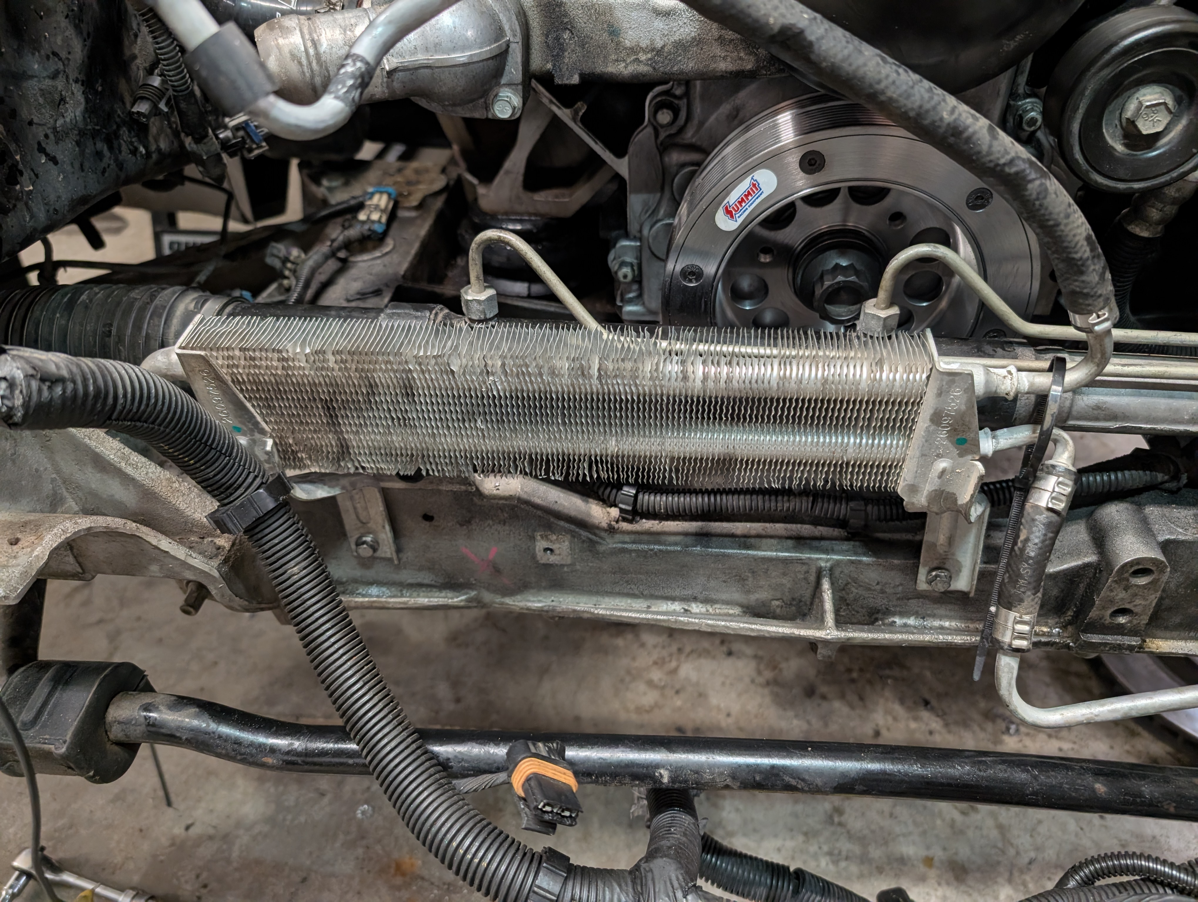 A C5Z06 power steering cooler installed on the Dead to Shred Corvette