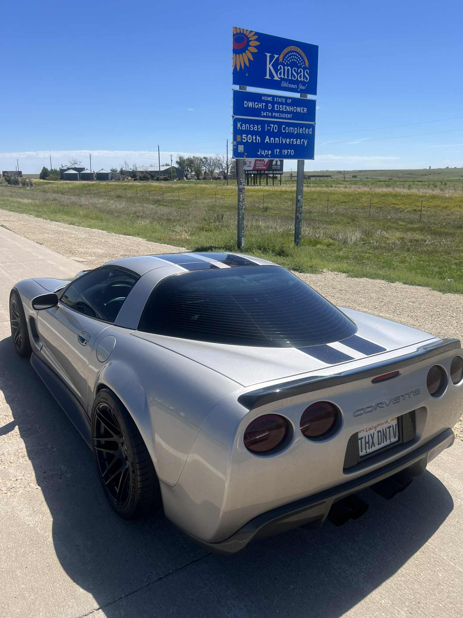 The rear of Brian's C5 Corvette at the Kansas border