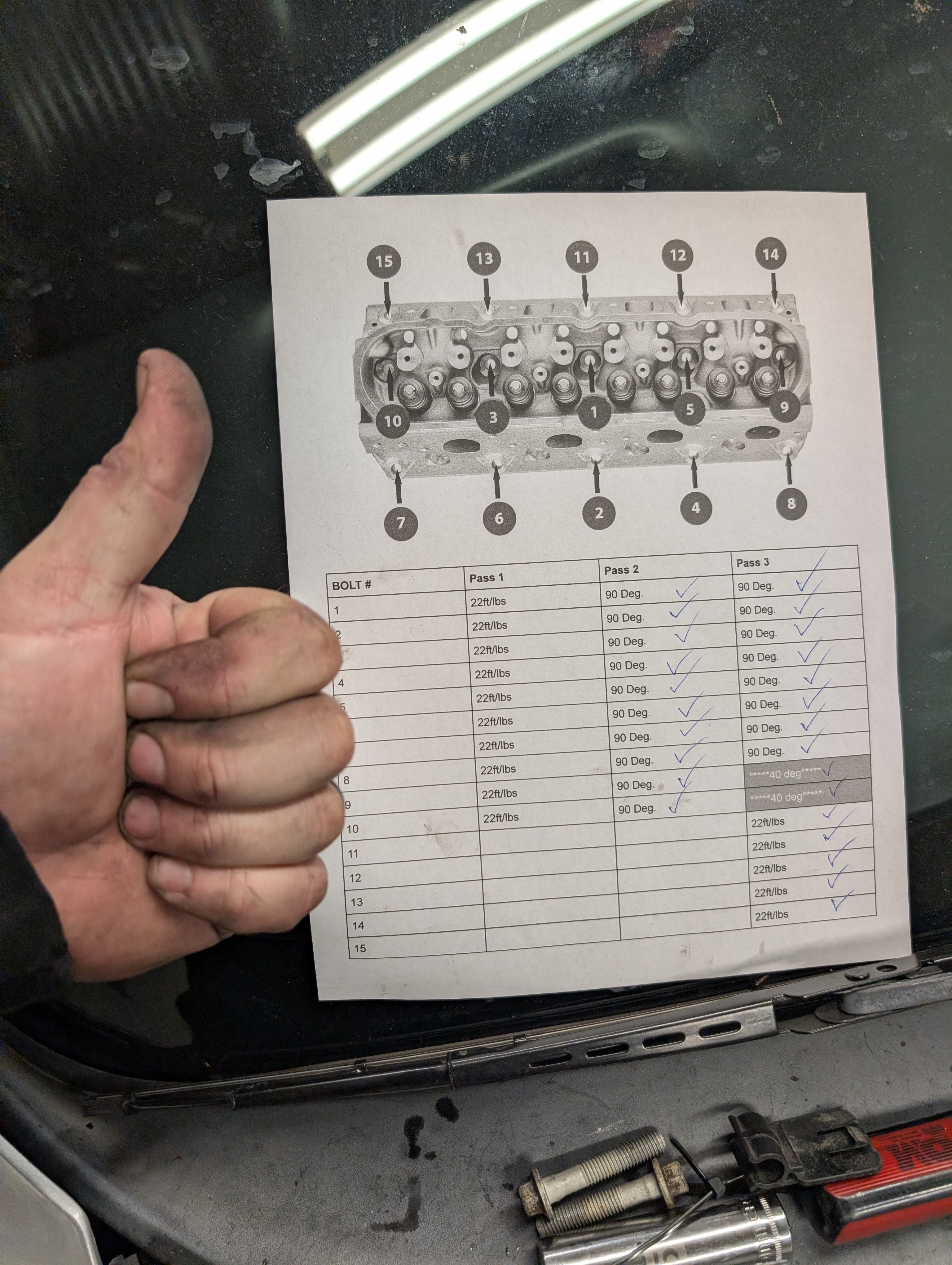 A thumbs up next to the worksheet for tightening the heads back on the Dead To Shred LS1.