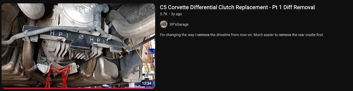 A screenshot of a the Youtube listing for a C5 Corvette differential removal video