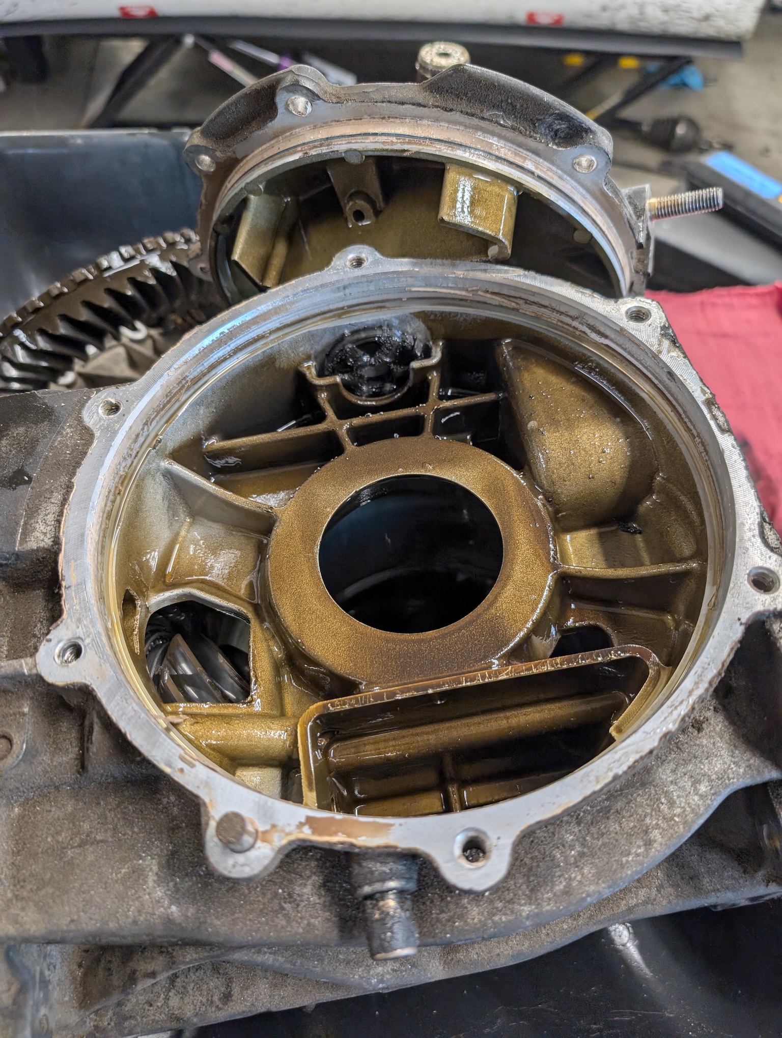 A C5 Corvette differential as viewed from the passenger side with the passenger side cover removed.