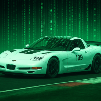 A white C5 corvette with a digital binary background in the style of the Matrix.
