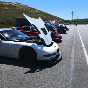 Five C5 Corvettes all lined up at Thunderhill West