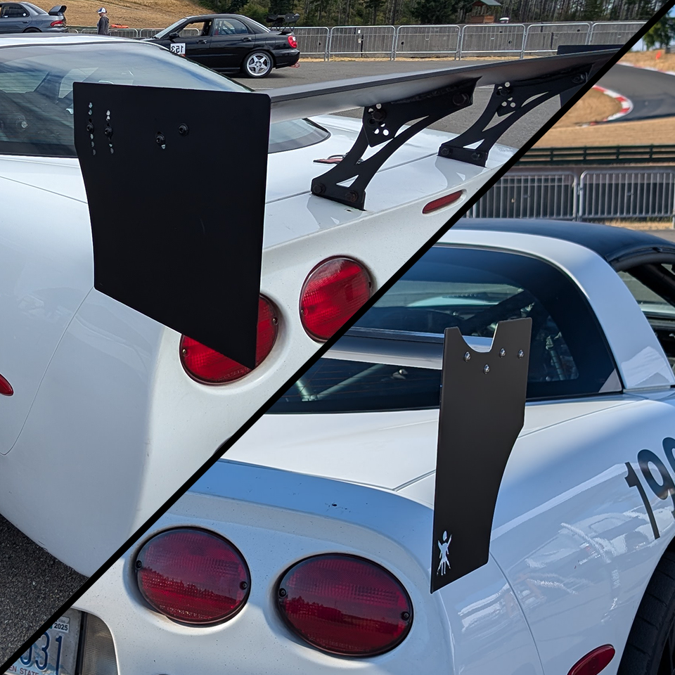 A split image of a c5 corvette with a Wing-Logic wing on one side, and a 9 Lives Racing wing pictured on the other side.