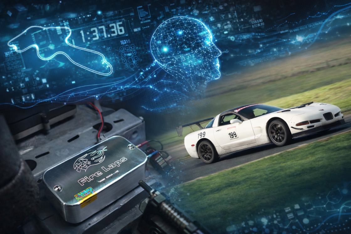 Hero Image of the FireLaps unit with a C5 Corvette, conveying a "future digital" theme at the top
