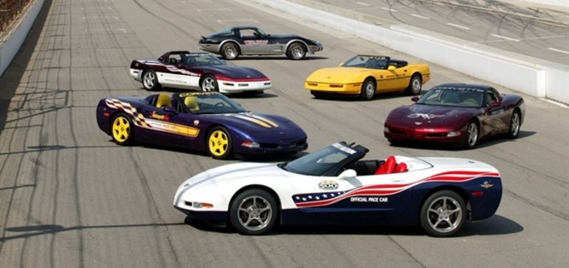 All six Corvette pace cars that had led the Indy 500 track, pictured together in 2004.